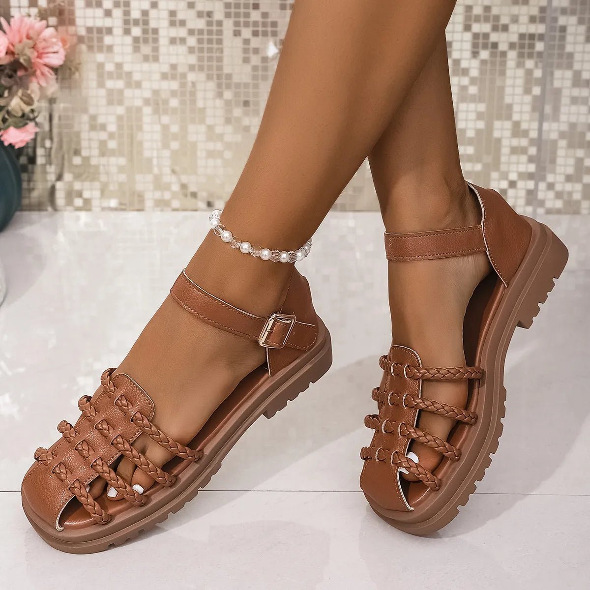 Women's braided ankle strap low heel sandals by Plush Fashion Hub, featuring comfortable chic design and stylish footwear.