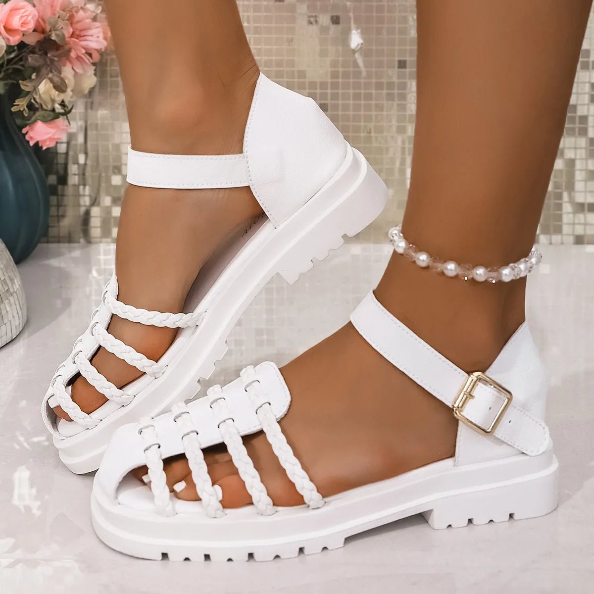Women's braided ankle strap low heel sandals by Plush Fashion Hub, stylish comfortable shoes with chic design and ankle strap detail.