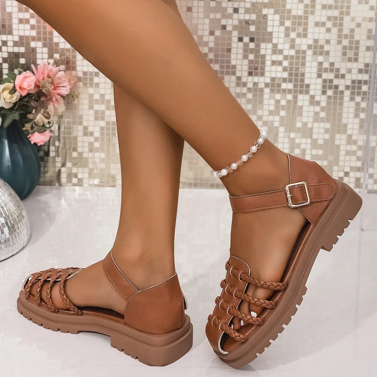 Women's braided ankle strap low heel sandals by Plush Fashion Hub, featuring comfortable and chic design with stylish heel and ankle strap.
