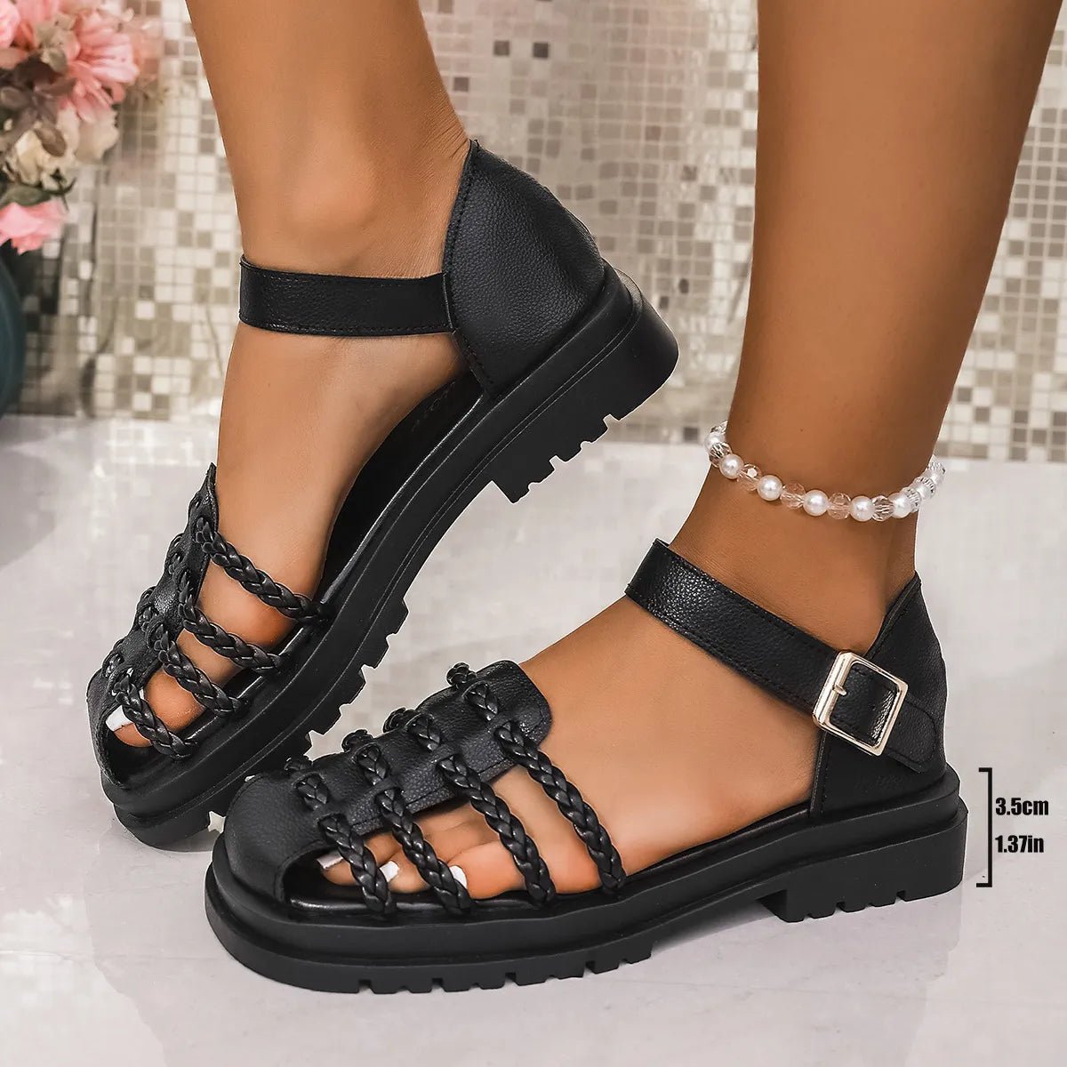 Women's braided ankle strap low heel sandals from Plush Fashion Hub, featuring comfortable chic design and stylish footwear.
