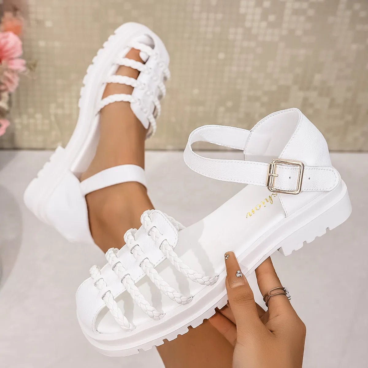 Women's braided ankle strap low heel sandals by Plush Fashion Hub, featuring comfortable chic design with stylish details.