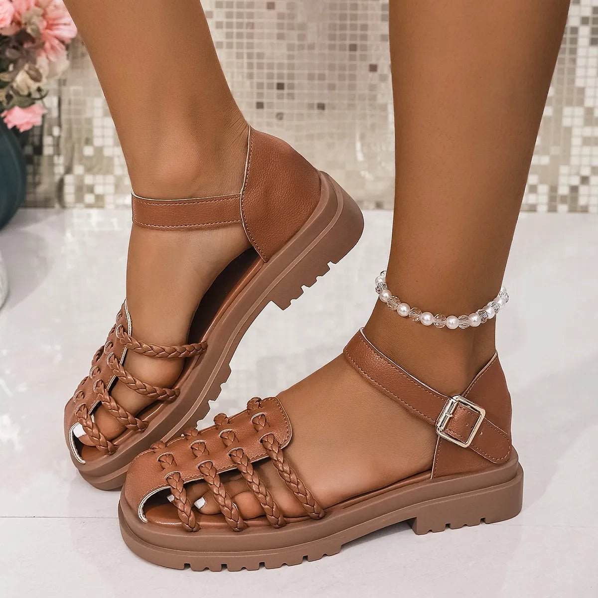 Women's braided ankle strap low heel sandals by Plush Fashion Hub featuring comfortable chic design and stylish footwear.