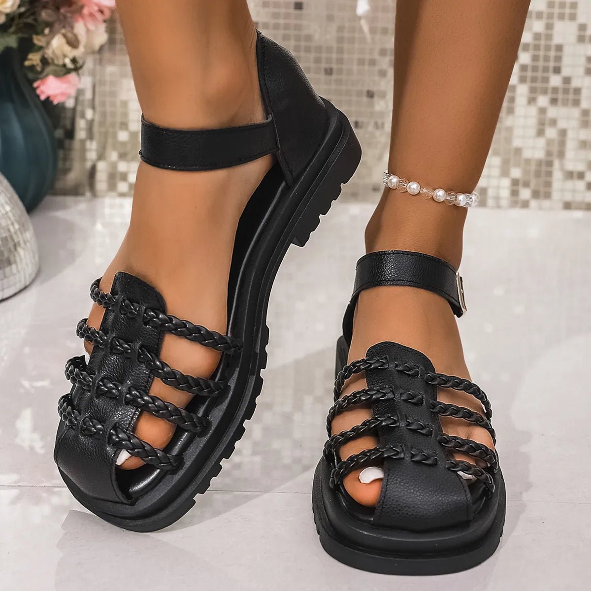 Women's braided ankle strap low heel sandals by Plush Fashion Hub, featuring a comfortable, chic design with stylish braided straps.