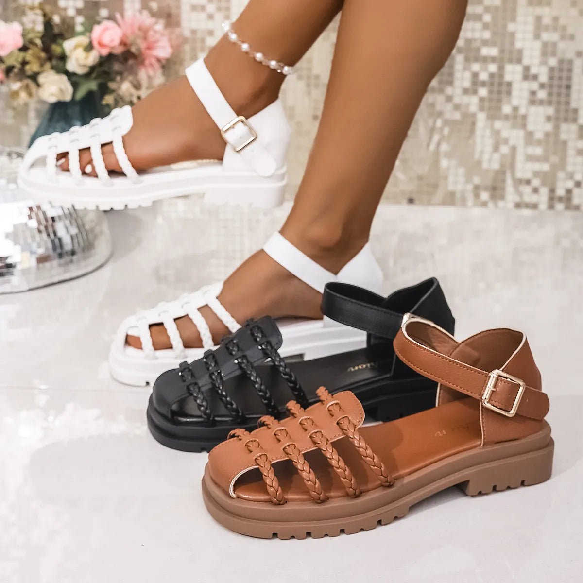 Women’s braided ankle strap low heel sandals by Plush Fashion Hub featuring comfortable, chic design and stylish footwear.