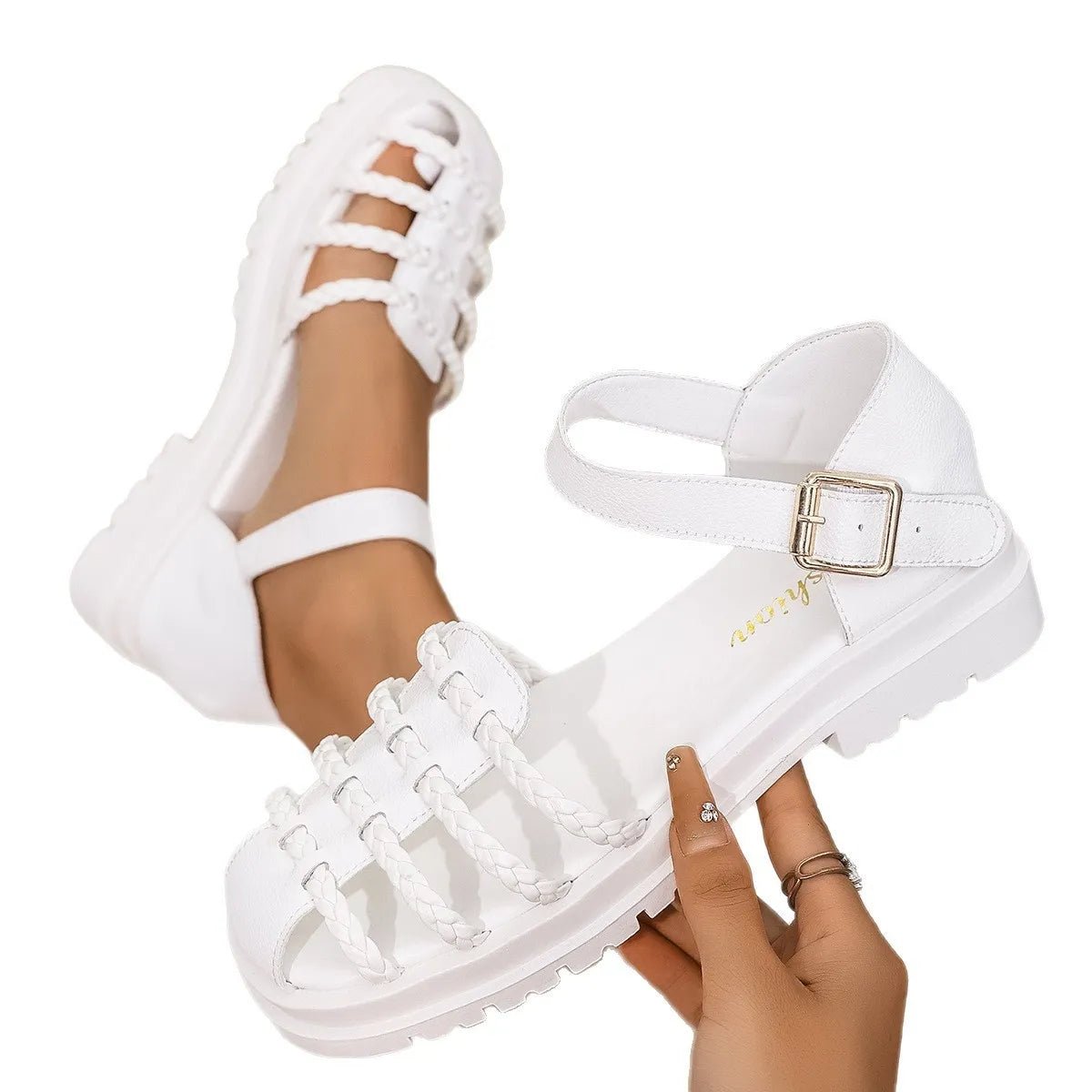 Women's braided ankle strap low heel sandals by Plush Fashion Hub featuring comfortable, chic design and stylish footwear.