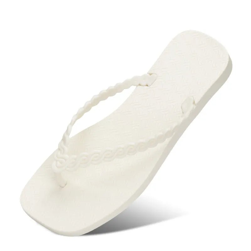 Women's braided strap beach sandals with toe post, comfortable summer flip flops, trendy slip-on shoes for warm weather.