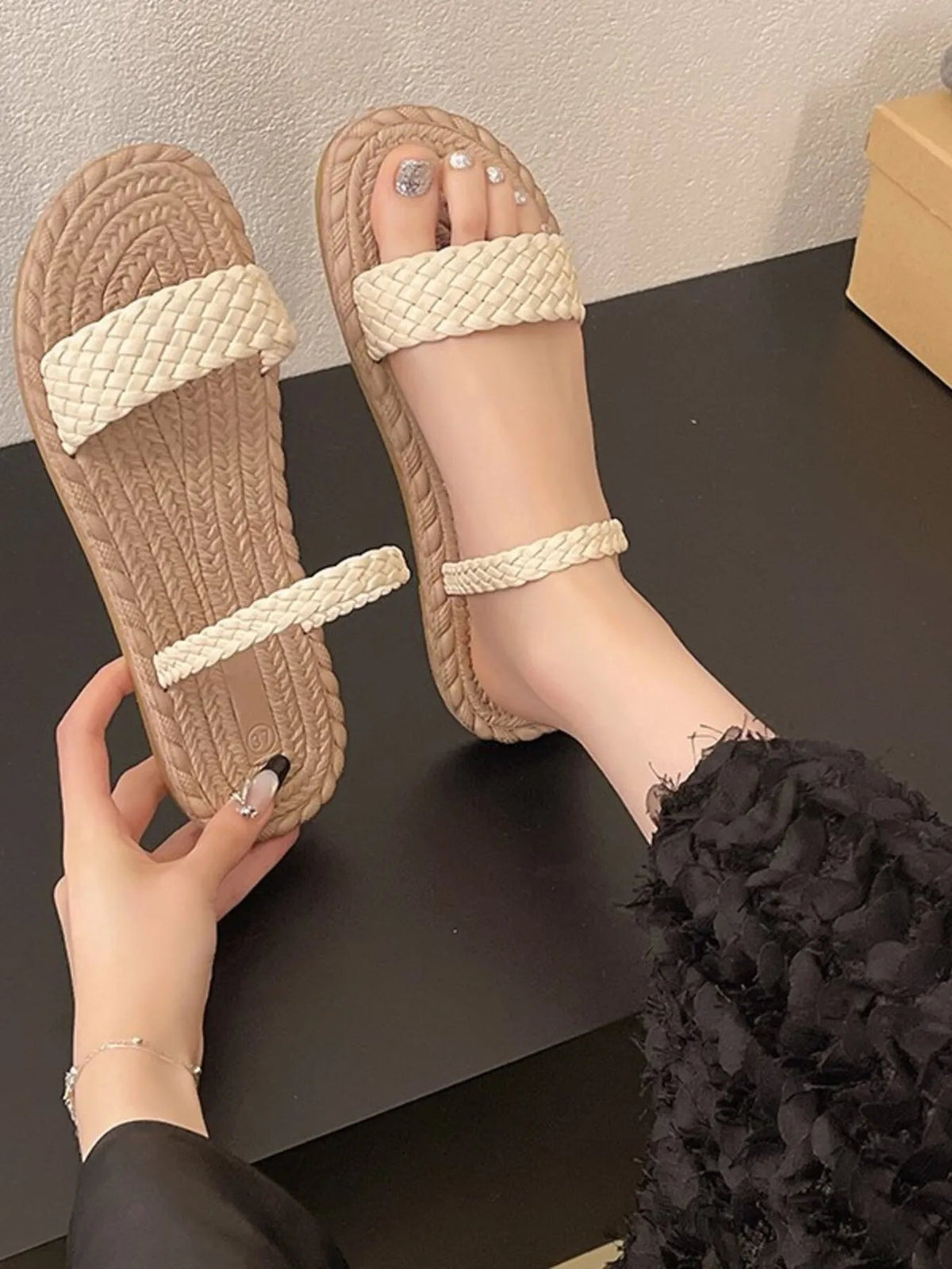 Women braided-strap espadrille flat sandals by Plush Fashion Hub, casual summer shoes with woven straps and jute soles.