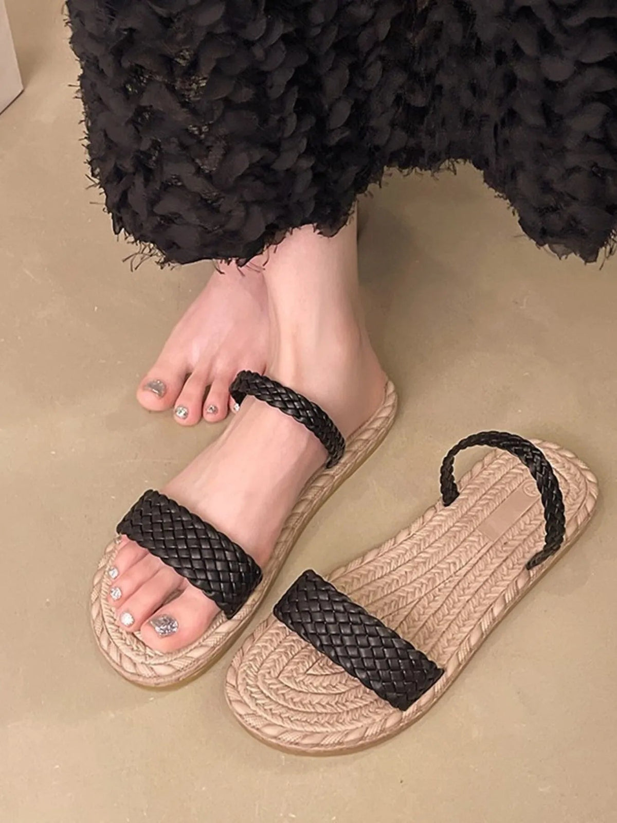 Women braided-strap espadrille flat sandals by Plush Fashion Hub, casual summer shoes with woven straps and jute sole.