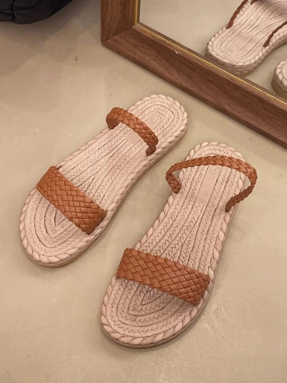 Women braided-strap espadrille flat sandals by Plush Fashion Hub, casual summer shoes with woven straps and jute sole.