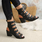 Women's buckle block heel sandals by Trendsi, stylish mid-heel dress shoes with comfortable straps and chic design.