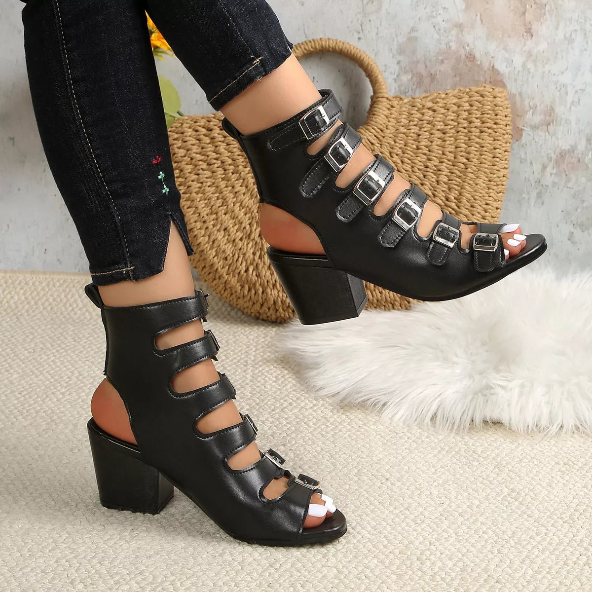 Women's buckle block heel sandals by Trendsi, stylish mid-heel dress shoes with comfortable straps and chic design.