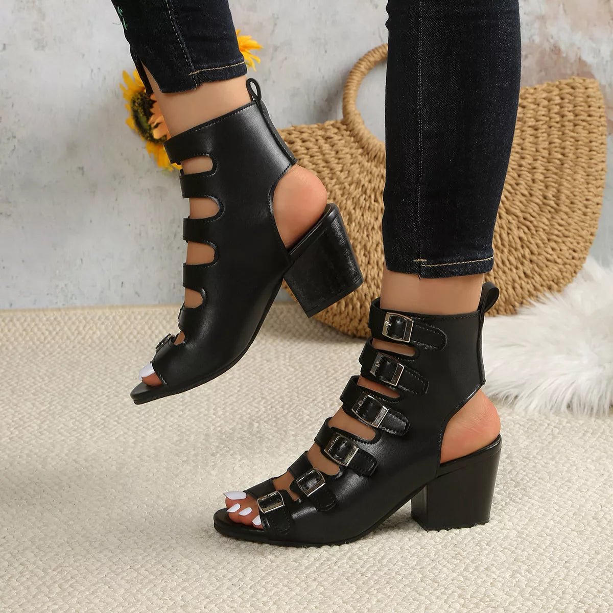 Women’s comfortable buckle block heel sandals by Plush Fashion Hub, featuring mid-heel dress shoes with stylish straps.
