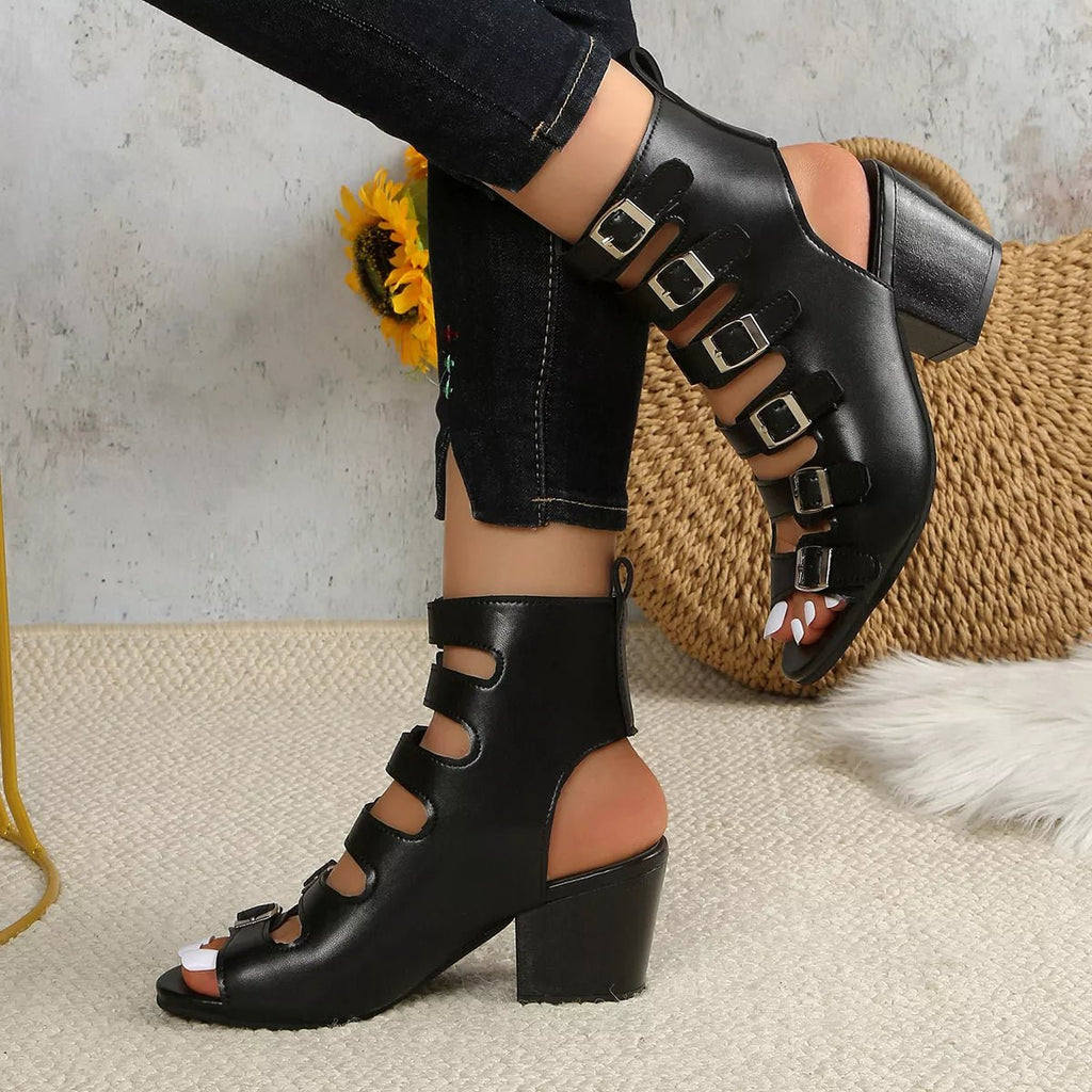 Women's buckle block heel sandals with comfortable mid-heel design, stylish dress shoes from Trendsi.