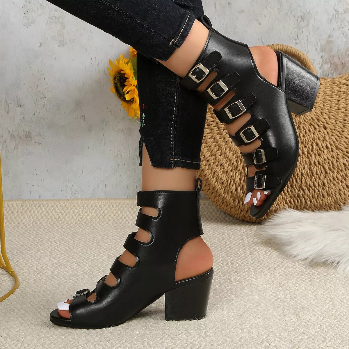 Women’s comfortable buckle block heel sandals by Plush Fashion Hub, featuring a mid-heel design and stylish dress shoe style.