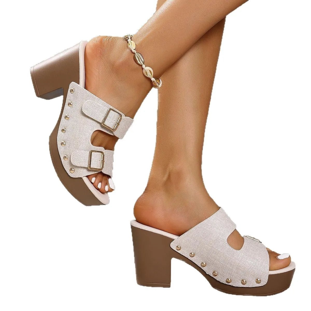 Women's buckle strap block heel sandals by Plush Fashion Hub, mid-heel dress shoes with stylish buckle details.