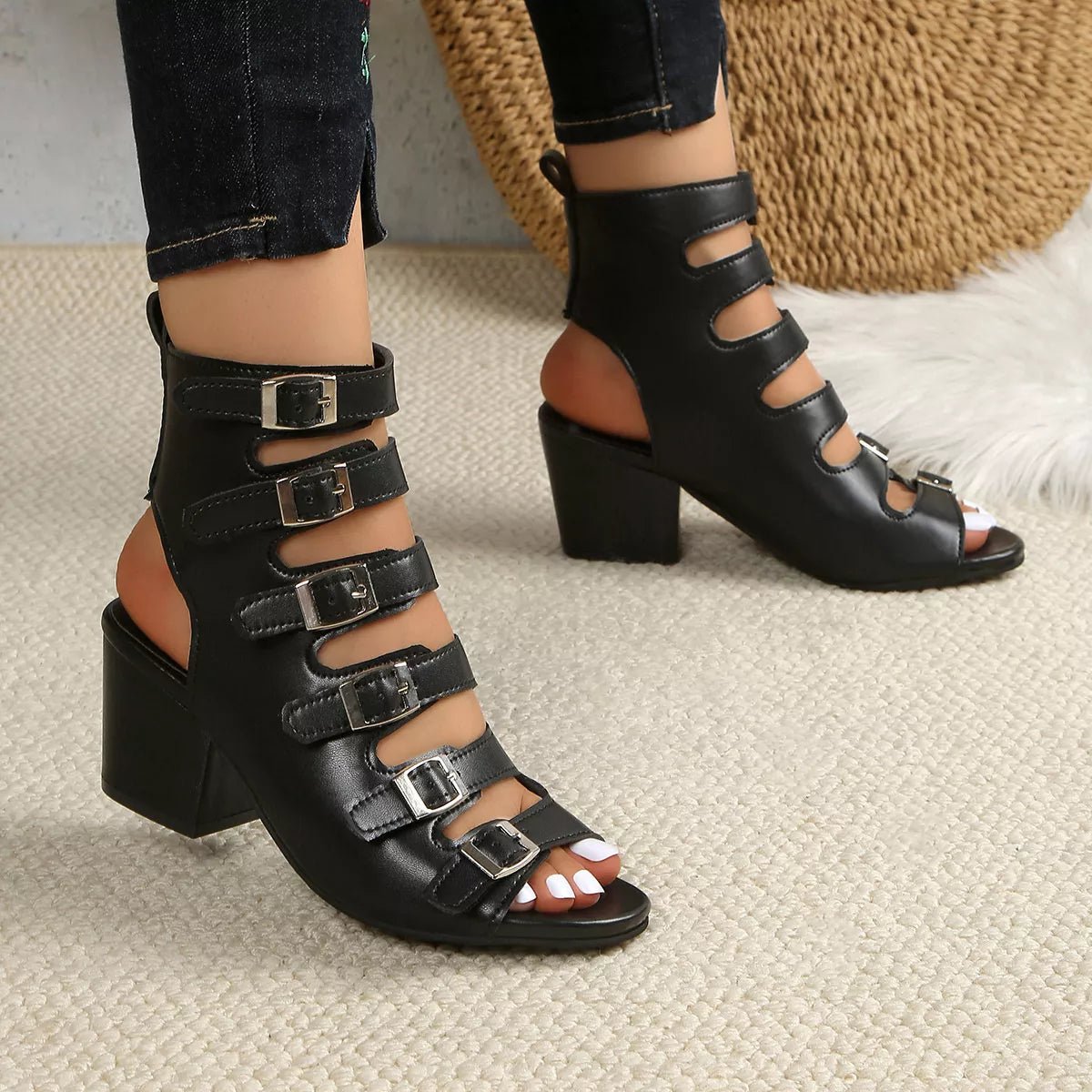 Comfortable women's buckle block heel sandals by Plush Fashion Hub, featuring a mid-heel design and stylish dress shoe style.