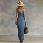 Sleeveless denim-style dress with button front in vintage style, available in sizes S to XXL, casualwear from FitiqueFit.