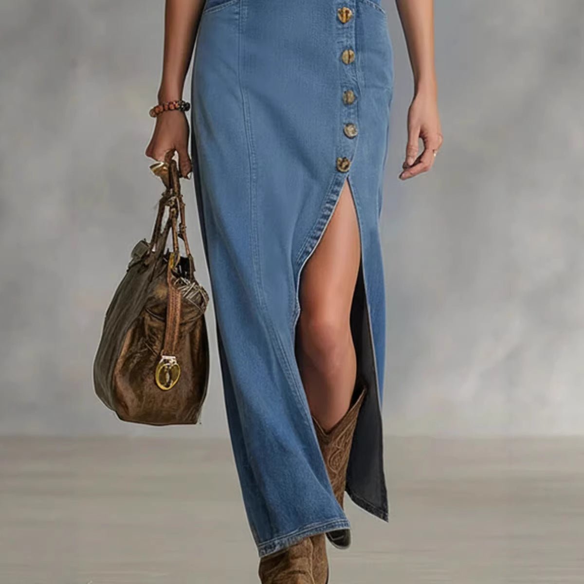 Vintage FitiqueFit sleeveless denim-style dress with button front in size S to XXL, casual summer wear with a classic denim look.