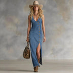 Vintage denim-style sleeveless dress by FitiqueFit with button-front design, available in S to XXL casualwear.