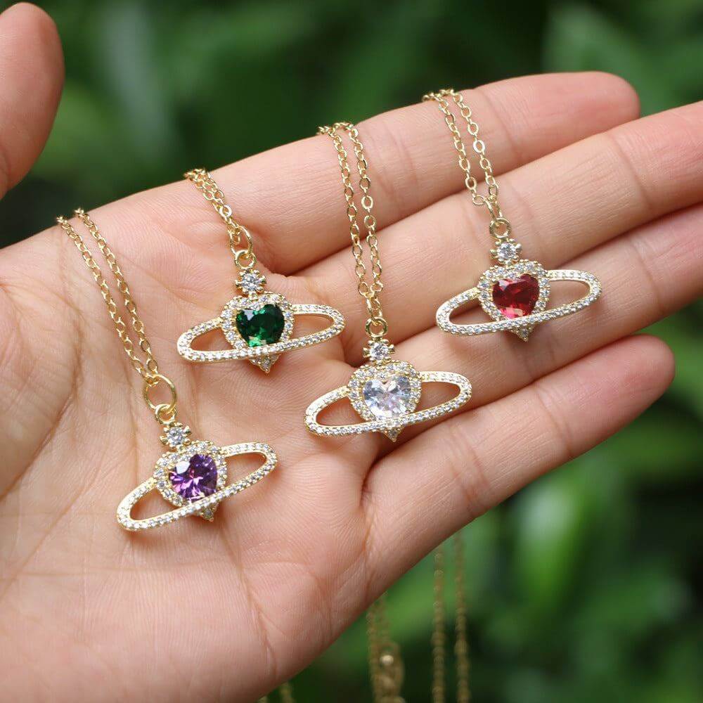 Ladies Fashion Personality Zircon Love Necklace in red, green, purple, and white colors with copper chain and zircon embellishment.