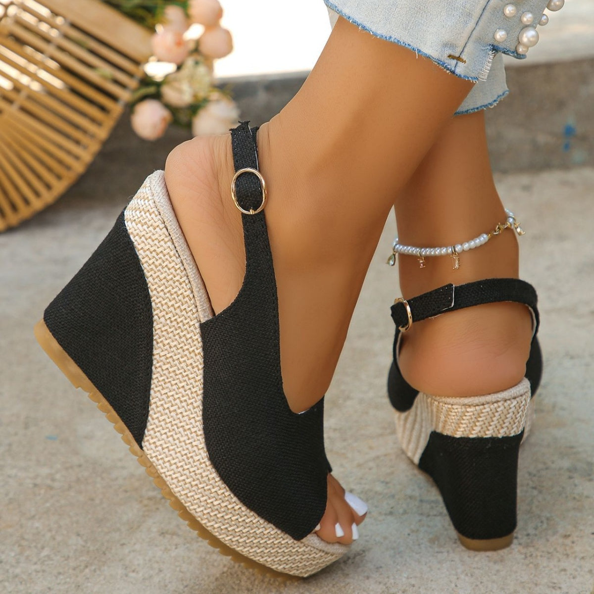 Women's open toe high wedge sandals by Plush Fashion Hub, featuring chic comfortable summer heels in a stylish design.