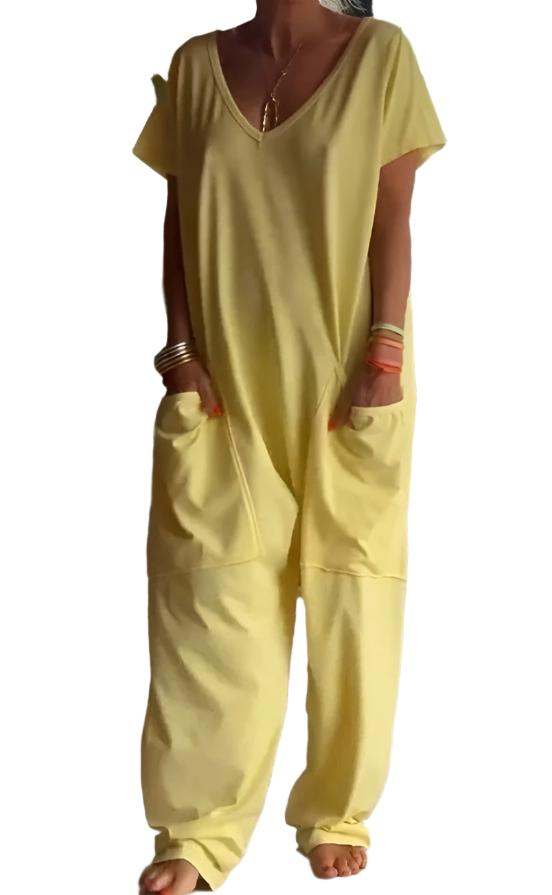 Womens Solid Color V-neck Oversized Pocket Jumpsuit - Plush Fashions Shop 