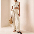 Women's casual two-piece set by Plush Fashion Hub featuring a breathable crew-neck T-shirt and matching pants.