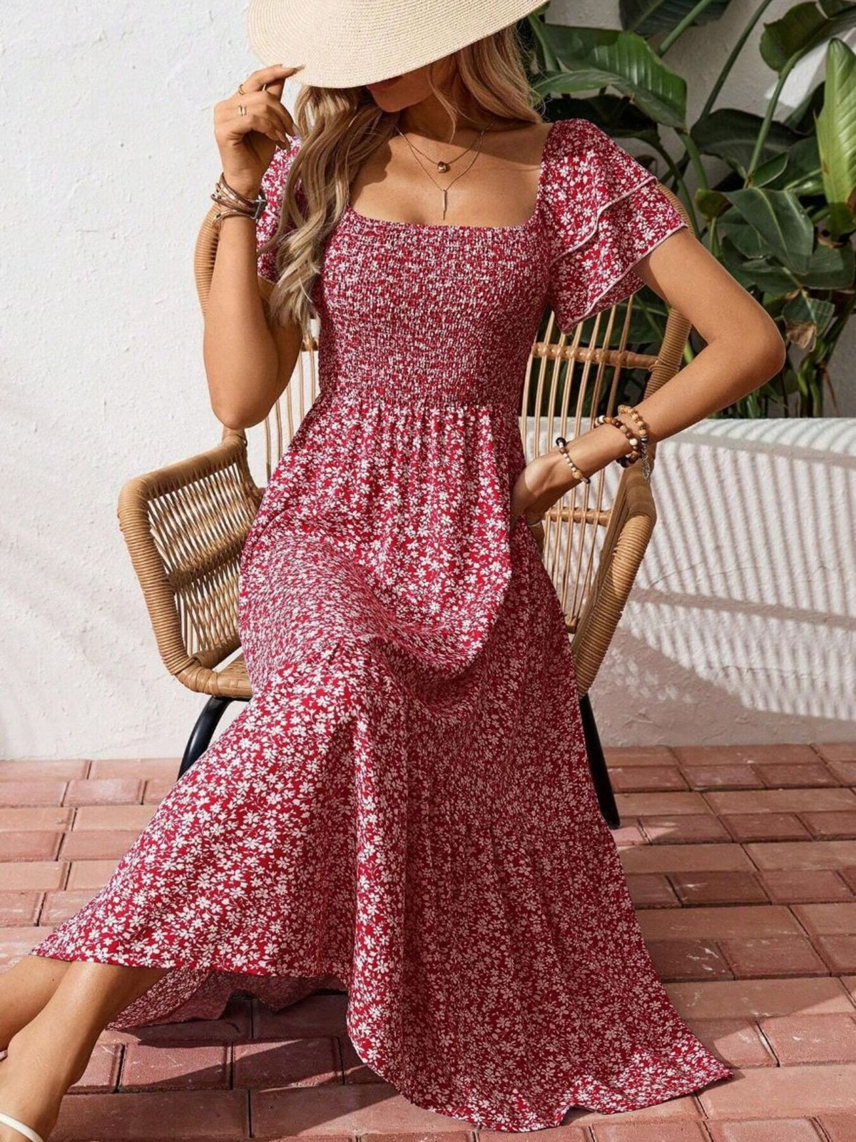 Floral print smocked ruffle sleeve midi dress by Plush Fashion Hub, lightweight summer dress with feminine floral design and relaxed fit.
