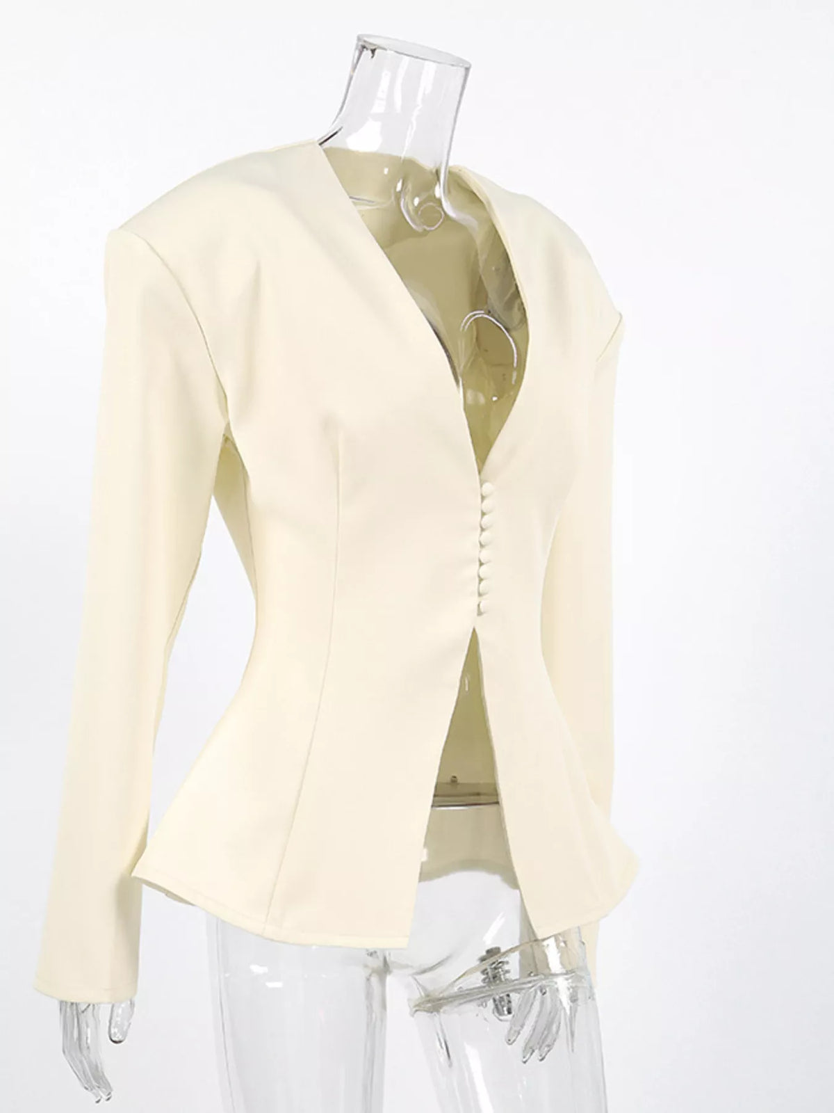 Trendsi women's V-neck button-up blazer with structured shoulders, tailored fit, and classic design for a polished professional look.