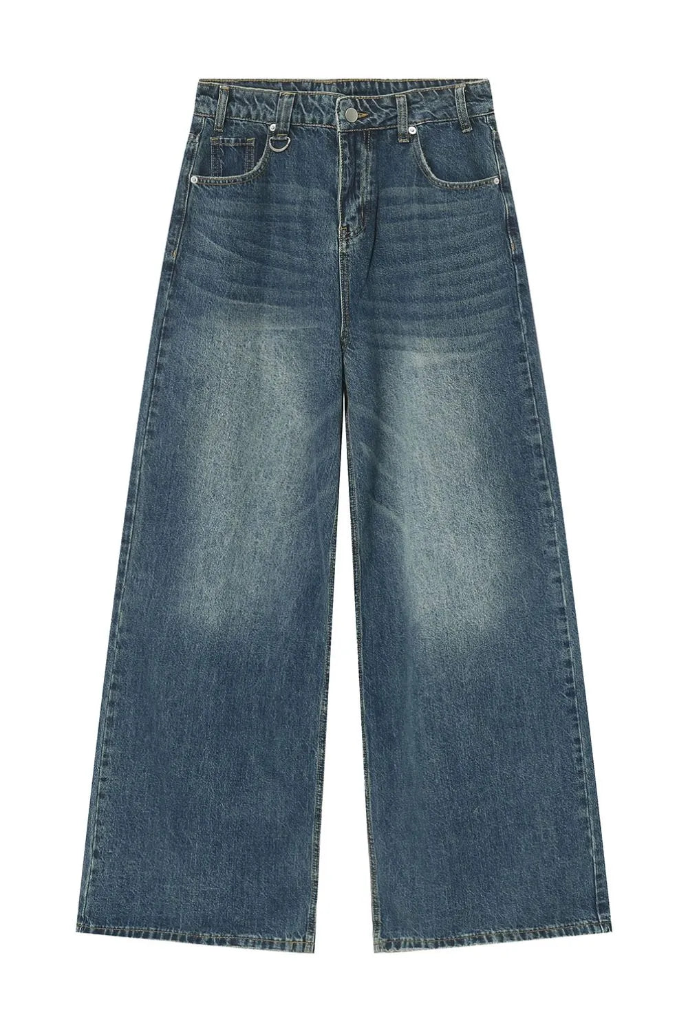 Light blue wide leg denim jeans with front and back pockets from Plush Fashion Hub, casual bottoms with relaxed fit.