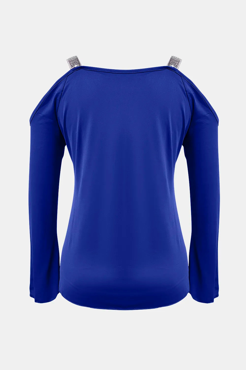 Plush Fashion Hub sequin V-neck cold shoulder top in vibrant colors, featuring long sleeves and decorative sequin details.