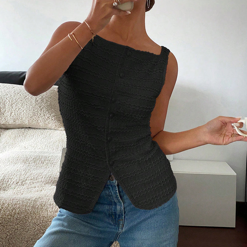Plush Fashion Hub square neck Y2K vest top in casualwear style with button-up front, perfect for trendy going-out looks.