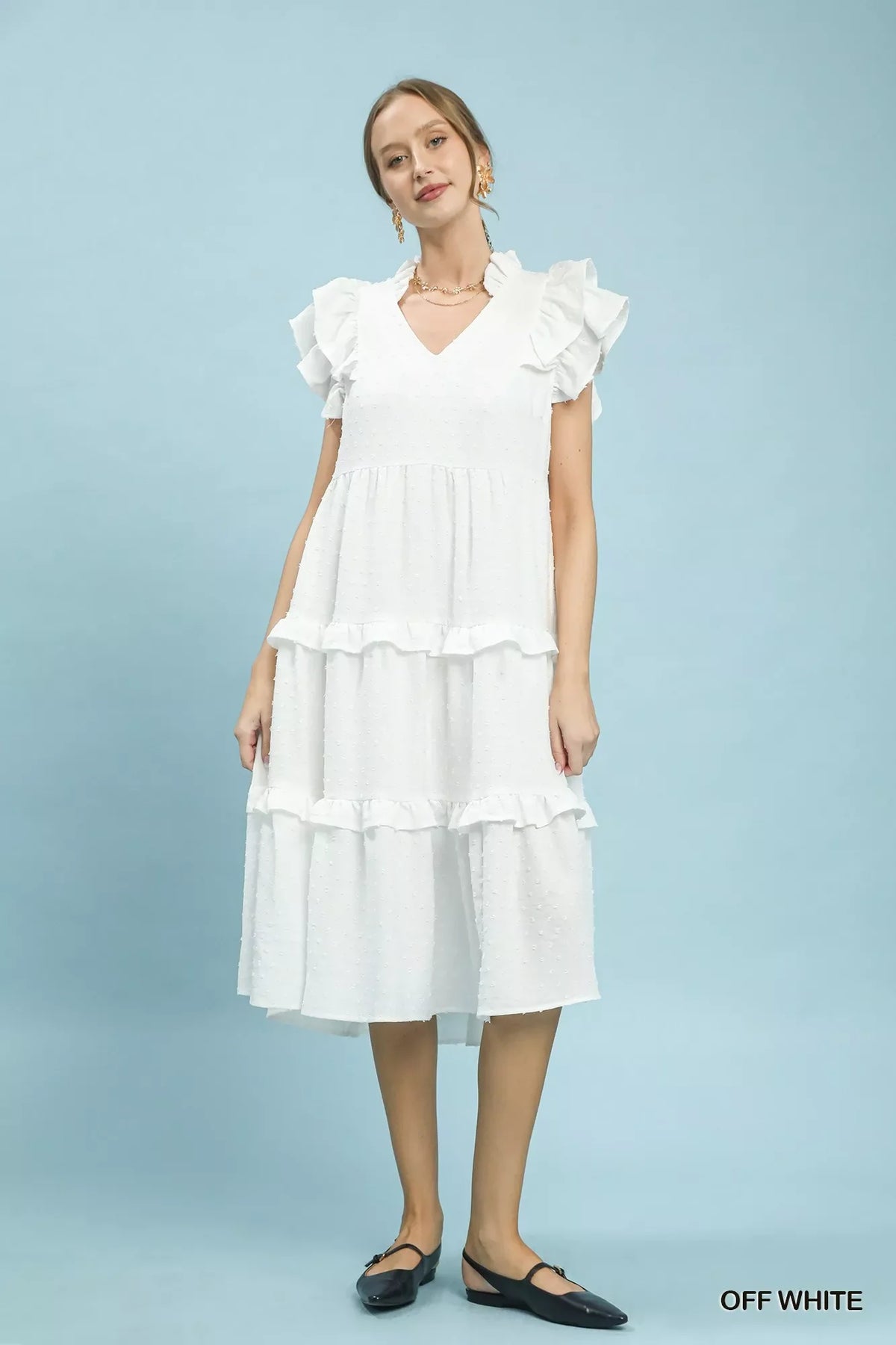 Plush Fashion Hub Umgee textured ruffle sleeve tiered midi dress displayed on a hanger, showcasing the dress's fabric and design details.