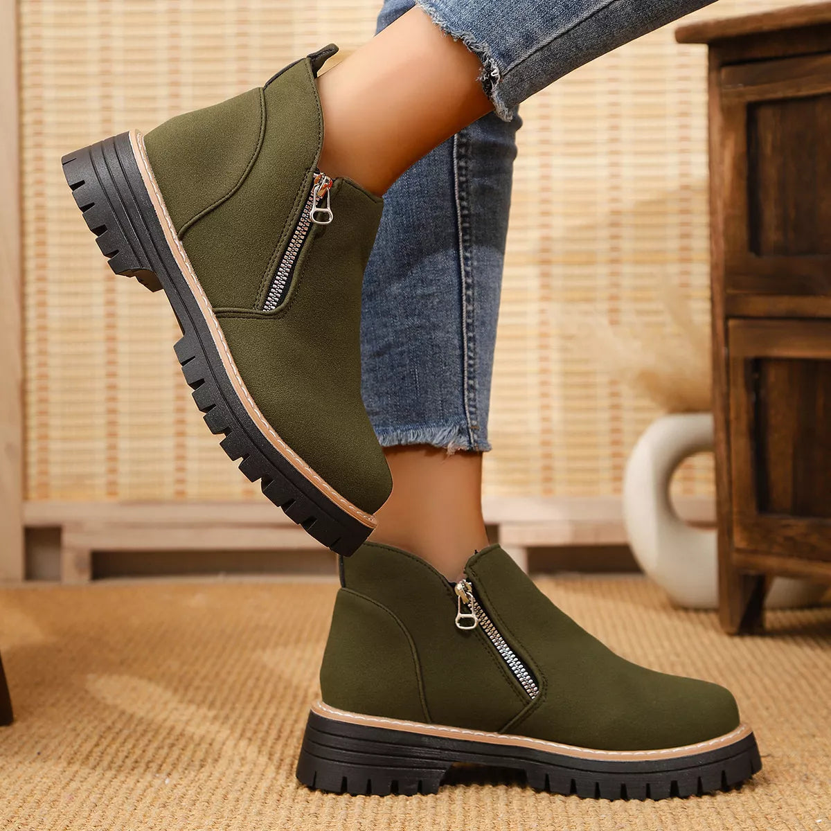 Trendsi ankle boots with zipper accent, stylish footwear featuring sleek design and comfortable fit, perfect for casual or dressy outfits.