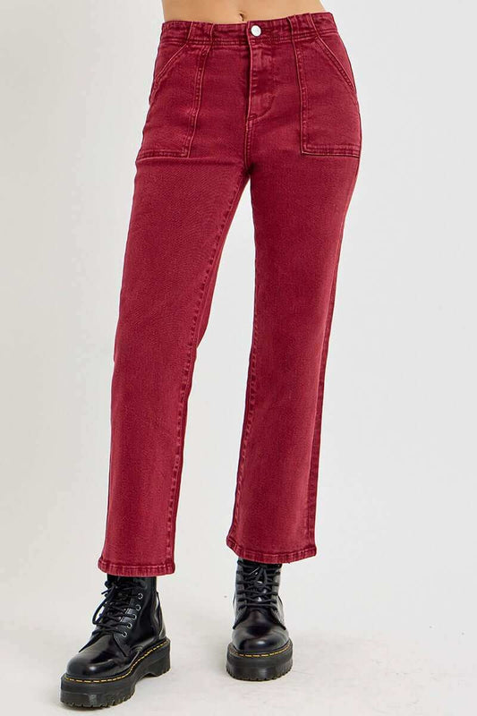 Women's high rise straight jeans with patch pockets by RISEN.