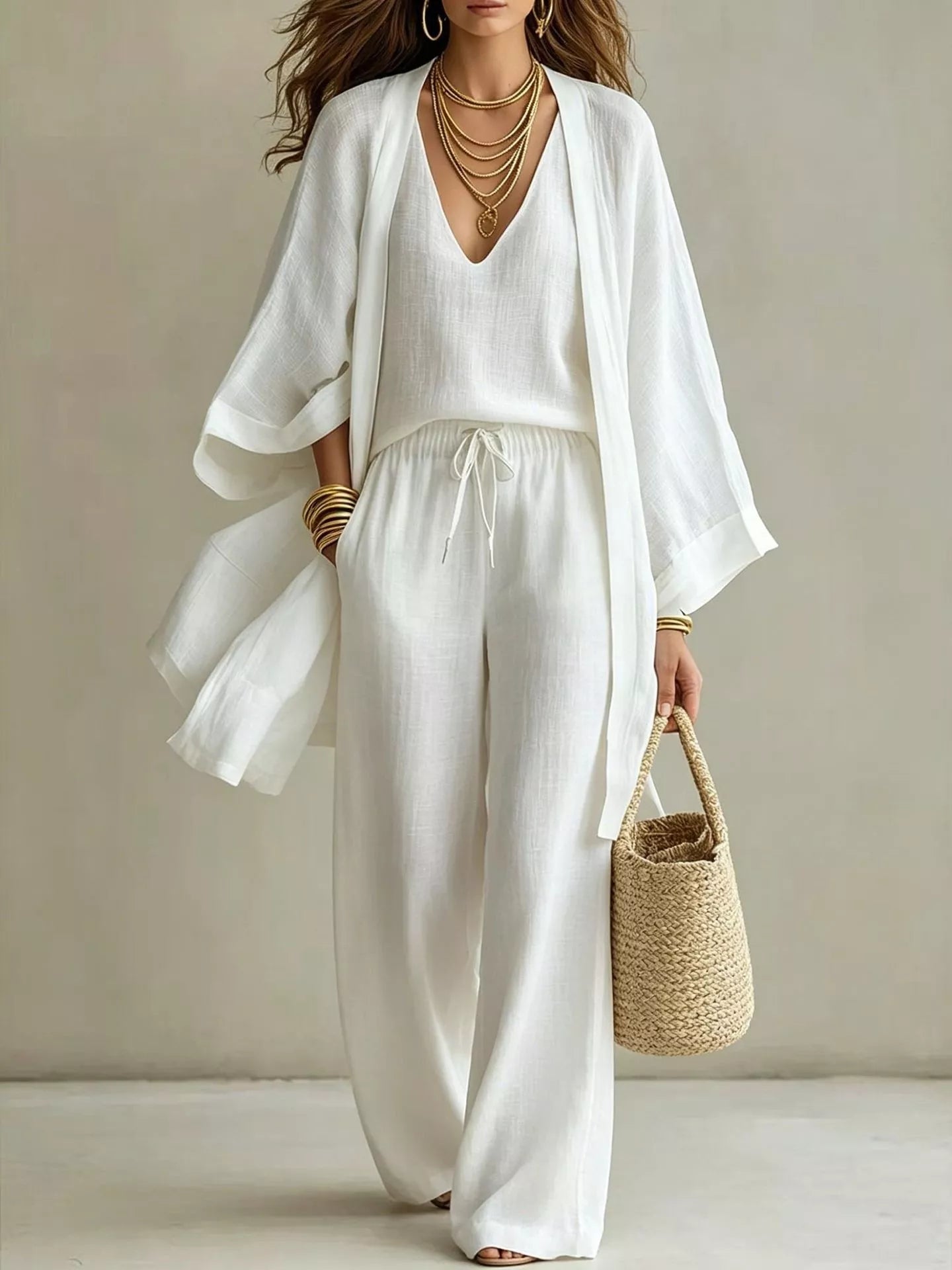 Plus size V-neck tank cardigan and pants set by Trendsi, featuring a coordinated, comfortable outfit in a stylish design.