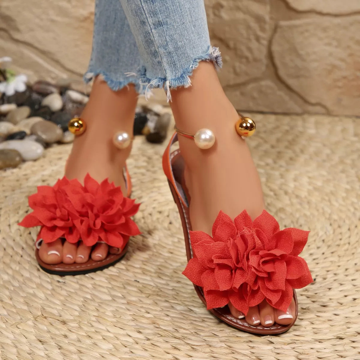 Plush Fashion Hub floral decor flat sandals featuring colorful flower embellishments and comfortable flat sole design.