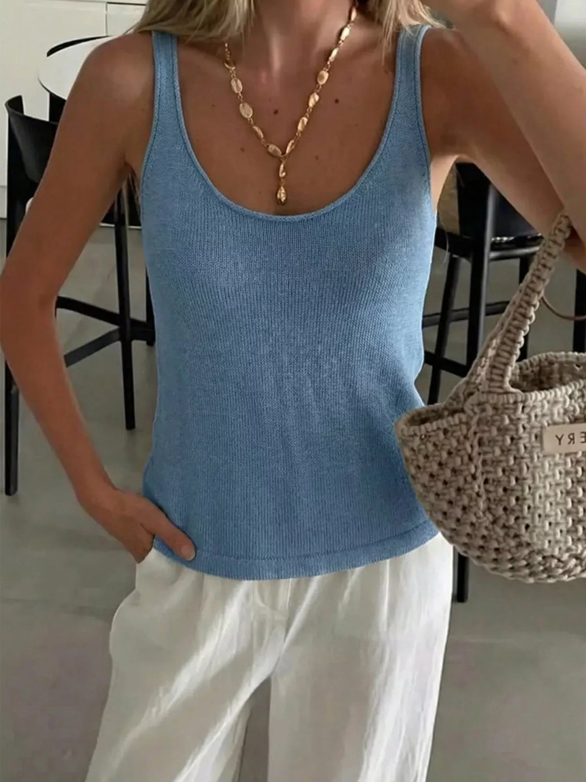 Plush Fashion Hub scoop neck knit tank top in soft, stretchy fabric, perfect for casual and layered summer outfits.