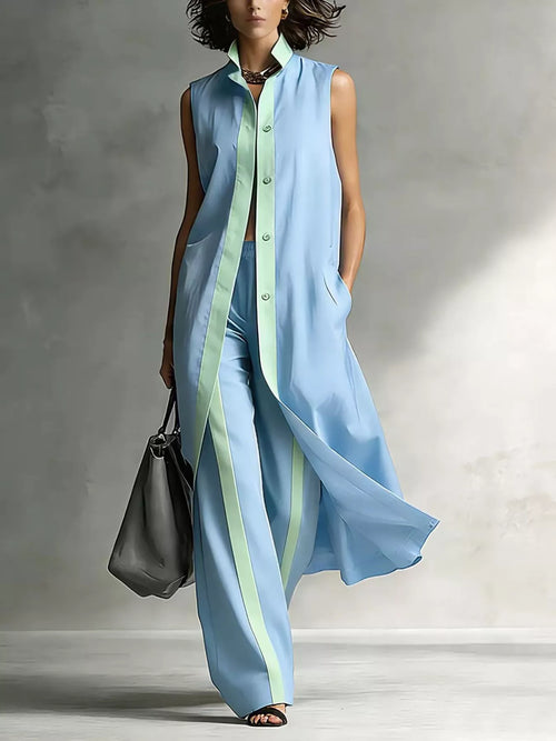 Plus size sleeveless longline vest and wide-leg pants set by Trendsi, featuring lightweight, stylish fabric and modern design.
