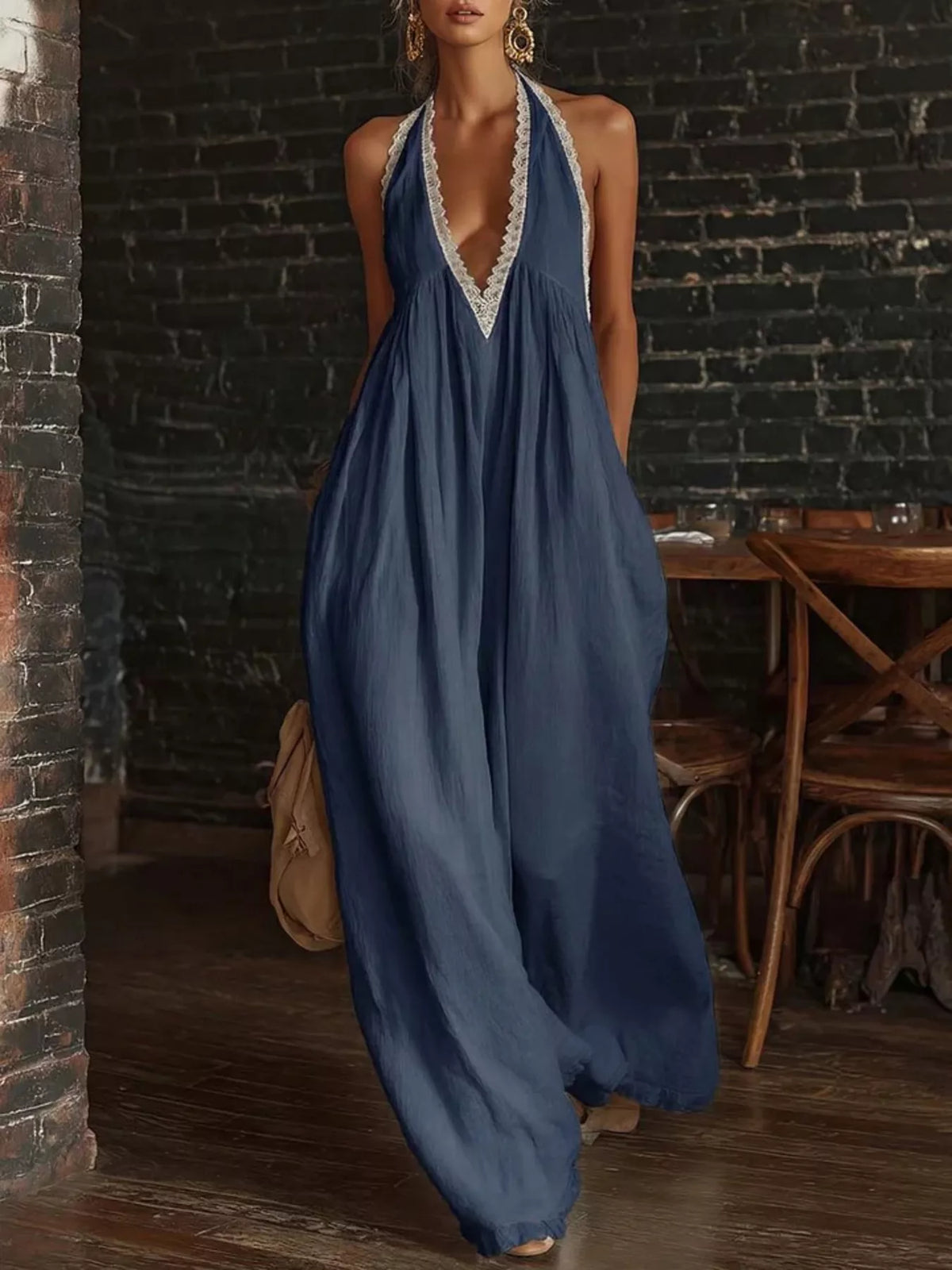 Plus size halter neck lace trim wide-leg jumpsuit by Plush Fashion Hub, showing the stylish full-length playsuit with lace details.