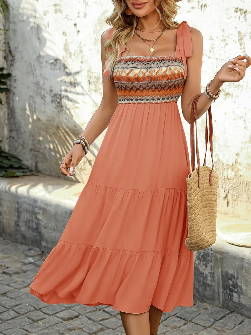 Plush Fashion Hub tie shoulder square neck tiered midi dress in soft fabric, featuring a flowing layered skirt and stylish design.