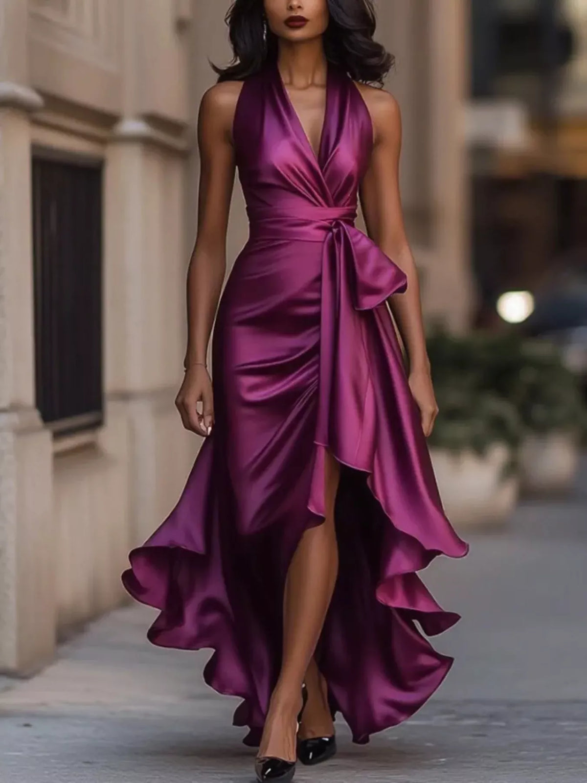 Plus size satin maxi dress with high-low ruffled hem by Plush Fashion Hub, showcasing its elegant flowing design and vibrant satin fabric.
