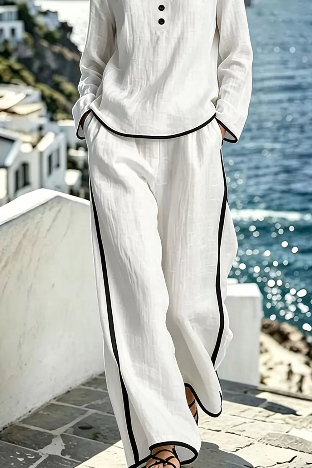 Plush Fashion Hub contrast trim long sleeve lounge top and matching pants set, soft fabric, casual style, in neutral colors.