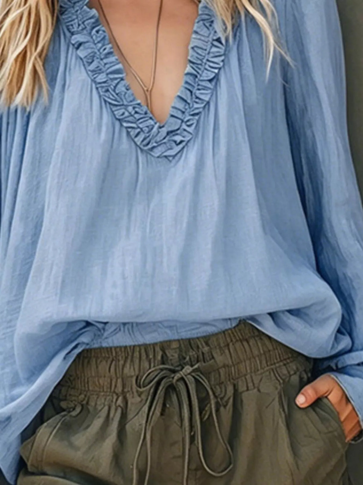 Plush Fashion Hub frill V-neck long sleeve blouse with ruffled details, lightweight shirt, stylish and feminine design.