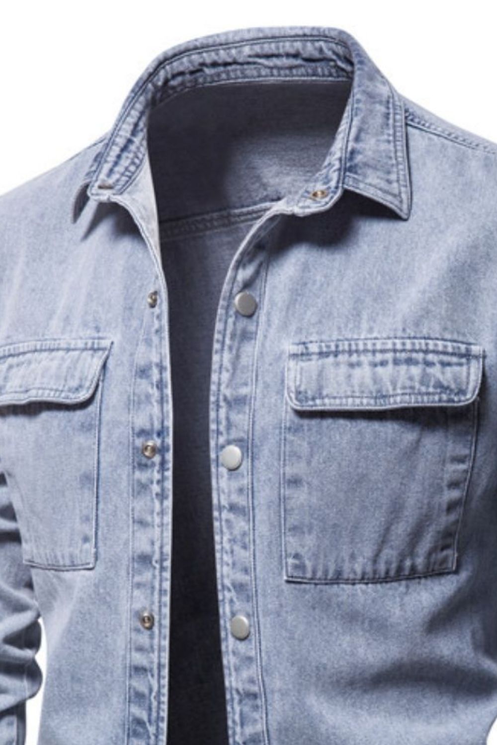 Men's denim button-down jacket with chest pocket, stylish and casual clothing from Plush Fashion Hub.