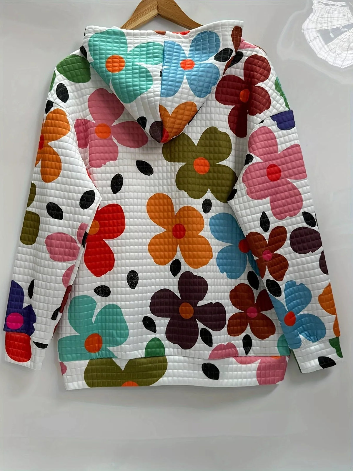 Simply Love floral print hoodie with colorful flower patterns on soft fabric, casual style perfect for everyday wear.