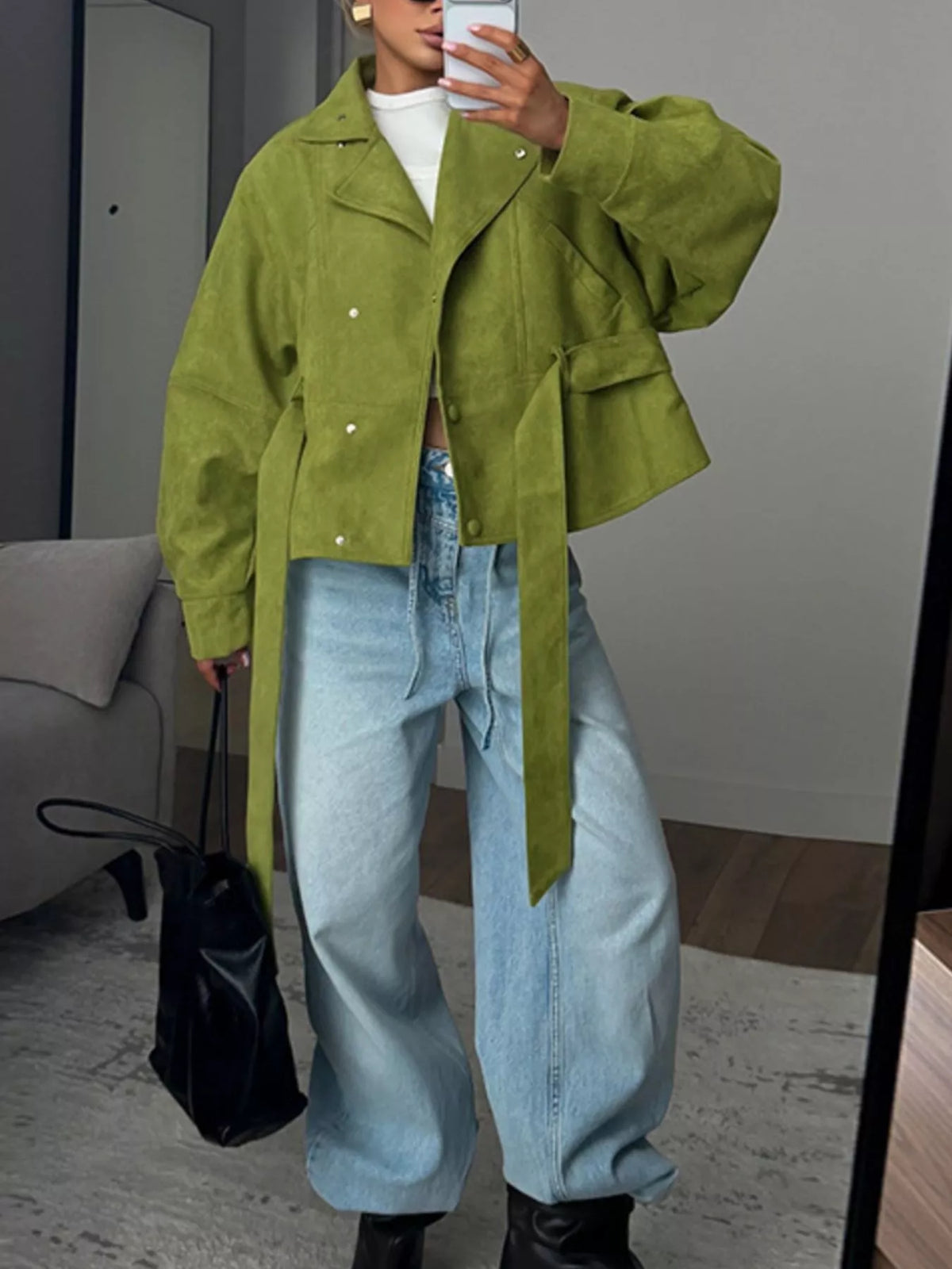 Women's tie waist long sleeve cropped jacket by Trendsi, featuring a stylish design and tailored fit.