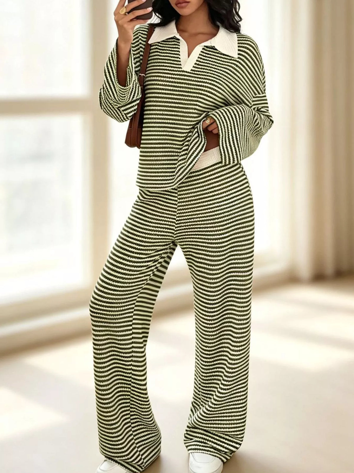 Striped long sleeve polo and wide-leg pants set by Trendsi, featuring a stylish, coordinated outfit with a classic pattern and comfortable fit.