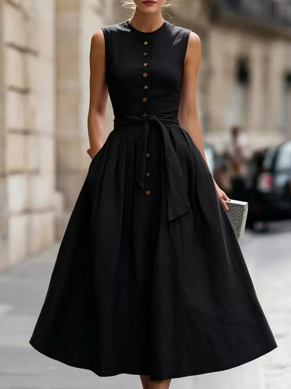 Plus size sleeveless button-front belted midi dress by Trendsi, showcasing a stylish knee-length dress with a waist belt.