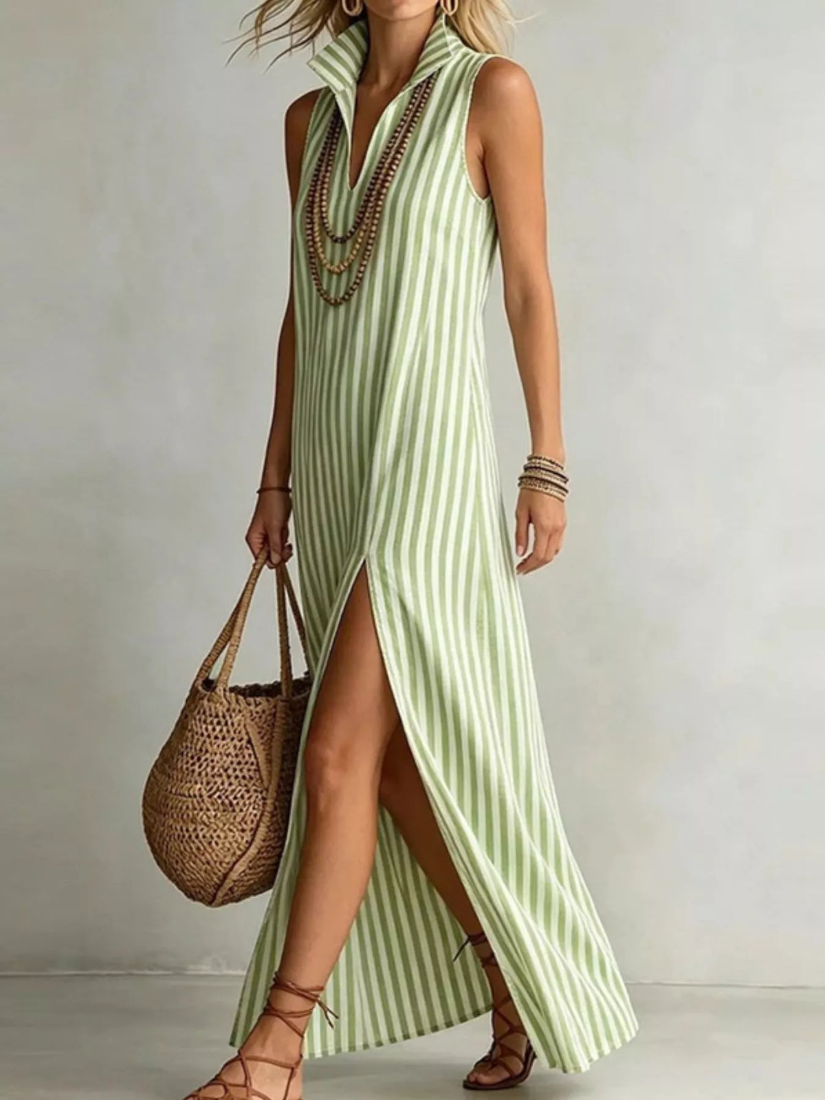 Plus size striped maxi dress with a high slit, featuring full-length design and trendy style by Trendsi.